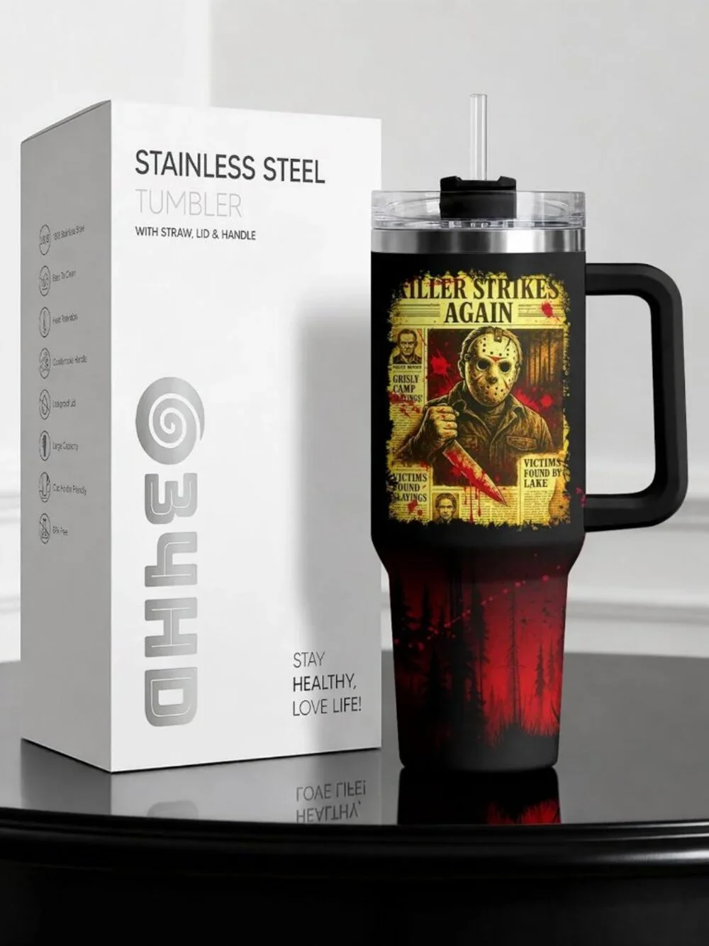 Retro Horror 40 oz Tumbler with Handle - Scary Halloween Drinkware Gift